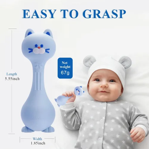 Miniatura 3 de Sonajero para bebés, juguetes para dentición, sonajeros de silicona para bebés de 0 a 12 meses, silicona de grado alimenticio (azul)