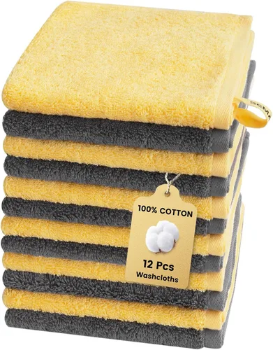 Miniatura 12 de SEMAXE Juego de 12 toallas de 100% algodón, 13 × 13 pulgadas, toallas suaves amarillas para la cara – súper absorbentes y de secado rápido, paño
