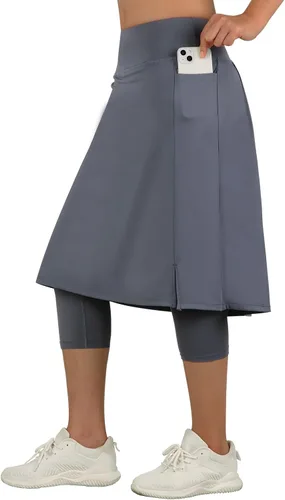 Miniatura 3 de ANIVIVO Leggings largos hasta la rodilla para mujer, leggings capri con faldas de cintura alta