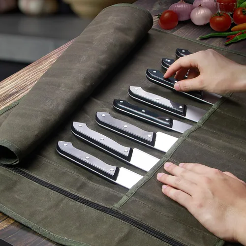 Miniatura 5 de Bolsa enrollable para cuchillos de chef, estuche de viaje para cuchillos de lona encerada, soporte de almacenamiento profesional resistente con 10