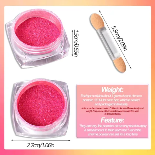 Miniatura 6 de Polvo de pigmento de uñas de neón, 5 colores de efecto espejo metálico, polvo cromado para uñas, diseño de uñas iridiscentes degradadas, kit
