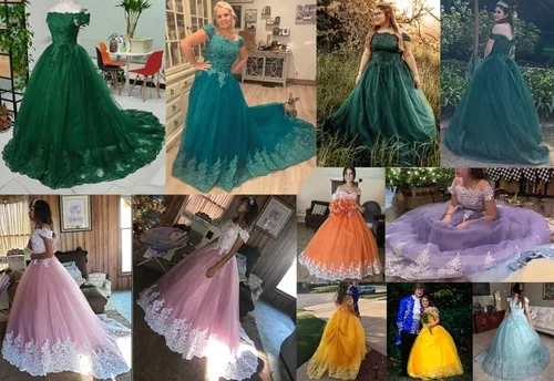 Miniatura 6 de XYAYE Vestidos de quinceañera con hombros descubiertos, vestidos de baile de tul hinchados con encaje de tren, vestido largo de graduación para mujer