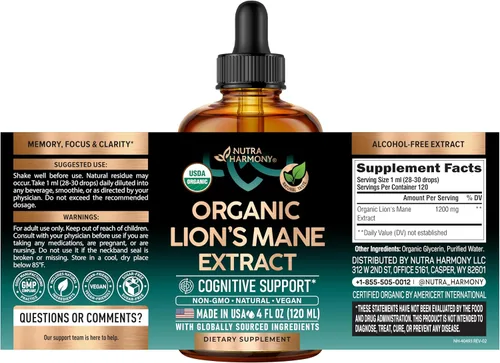 Miniatura 2 de Lions Mane Liquid - Suplemento Orgánico de Melena de León Certificado por USDA - Apoyo Cerebral, Energía, Memoria y Concentración - Extracto