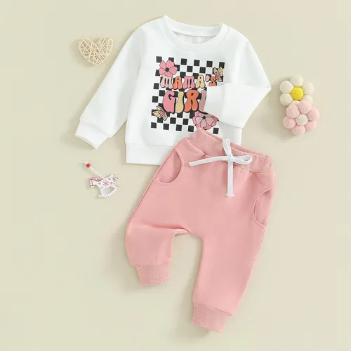 Miniatura 42 de Conjunto de 2 piezas de ropa de otoño para bebé y niña, sudadera de manga larga con cuello redondo y pantalones deportivos, conjunto de traje