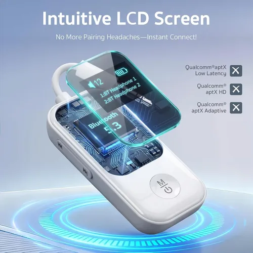 Miniatura 2 de XENUS Transmisor Bluetooth 5.3 receptor con pantalla OLED Conexión dual y baja latencia Adaptador Bluetooth auxiliar inalámbrico para TV, avión