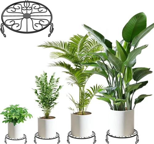 Miniatura 7 de Paquete de 3 soportes para plantas de hierro forjado para uso en exteriores e interiores, soporte de metal resistente a la corrosión, base negra