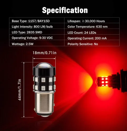 Miniatura 2 de Bombillas LED BAY15D superbrillantes 1157 2057 2357 7528 BAY15D rojo brillante 9-30V sin polaridad 24-SMD chipsets LED con proyector para luces