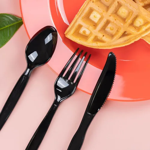 Miniatura 6 de POSATE Tenedores desechables, tenedores de plástico, paquete de 100 unidades, negro, utensilios desechables para suministros de fiesta