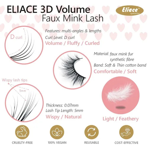 Miniatura 8 de Eliace Pestañas postizas de aspecto natural, pestañas de ojo de gato, tiras finas, pestañas postizas de visón 3D, pestañas postizas de volumen