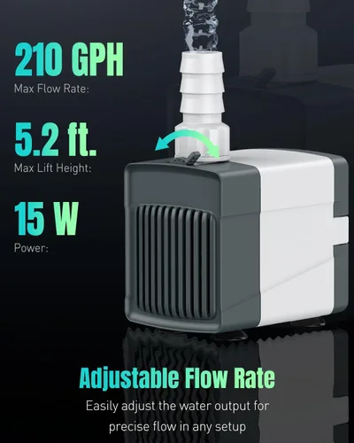 Miniatura 2 de Pawfly Bomba de fuente de 210 GPH, bomba de agua sumergible de 15 W con elevación de 5.2 pies de alto y 4 boquillas, bomba de fuente de agua