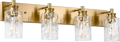 Miniatura 9 de Accesorios de lámpara de tocador de baño de 2 luces, moderna lámpara de baño dorada cepillada sobre espejo con pantalla de vidrio martillado