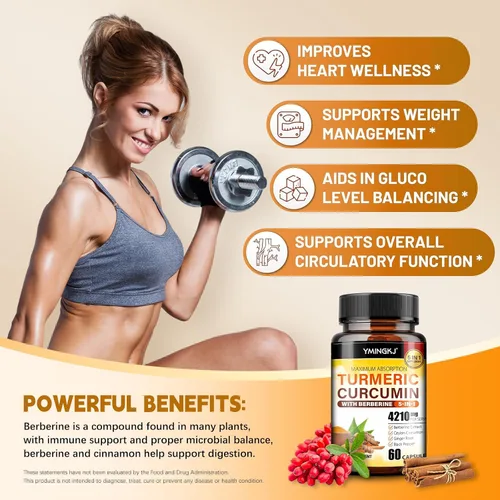 Miniatura 6 de Suplemento de curcumina de cúrcuma con pimienta negra y botánicos bioactivos, cúrcuma, jengibre, berberina, canela de Ceilán, suplemento premium