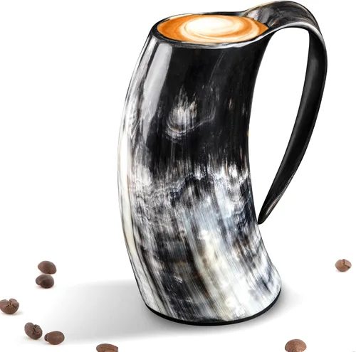 Taza de cuerno vikingo – Jarra grande hecha a mano con cuerno de buey para aguamiel y cerveza, regalo medieval seguro para alimentos (tamaño grande)