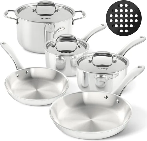 Duxtop Juego de utensilios de cocina de inducción de acero inoxidable de tres capas, juego de ollas y sartenes de cocina de 9 piezas