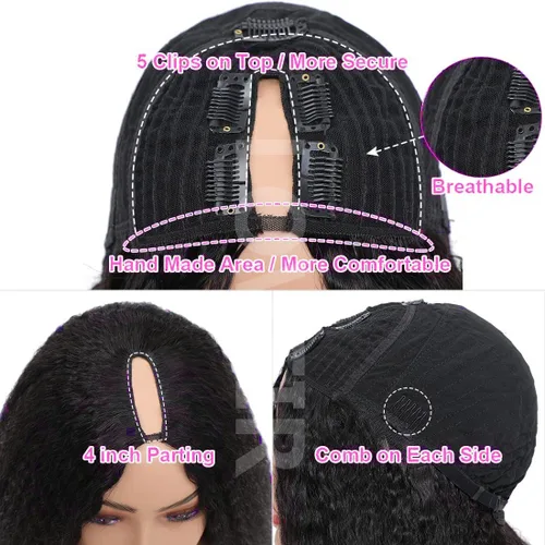Miniatura 3 de Peluca de cabello humano liso rizado con parte en V para mujeres negras, densidad del 180%, peluca mejorada con parte en U, sin pegamento, sin