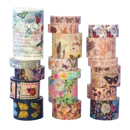 VIVIQUEN Juego de 18 rollos de cinta washi dorada vintage, flores botánicas de mariposa floral con impresión dorada y plateada, cintas grabables a