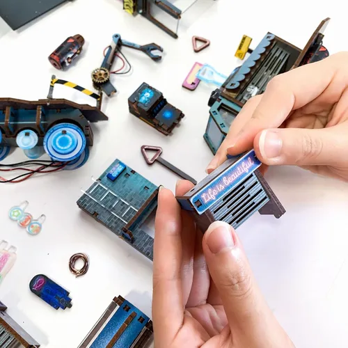 Miniatura 5 de Cyberpunk - Kit de rincón de libros para bricolaje, kit de casa en miniatura tecnológico, inserto de rincón de libros para estantería casa