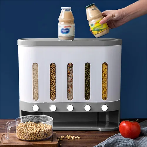 Miniatura 2 de Dispensador de alimentos secos para montaje en pared, dispensador de granos de café de arroz para encimera de 5 rejillas, dispensador de cereales