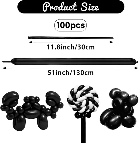 Miniatura 2 de 100Pcs Globos Negros 260, Globos Largos para Atar Arco de Globos, Globos Largos y Finos para Torcer Globos de Animales, Globos para Cumpleaños