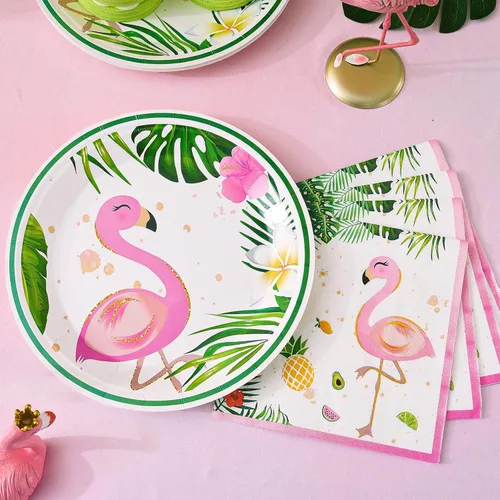 Miniatura 2 de WERNNSAI Juego de platos y servilletas de flamenco, sirve para 50 invitados, 100 piezas, suministros de fiesta hawaiana Luau, juego de vajilla