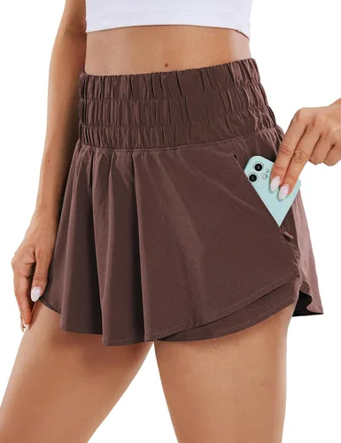 CRZ YOGA Pantalones cortos deportivos para mujer, cintura alta, falda con volantes, superpuesta, entrenamiento, correr, tenis, pantalones cortos con