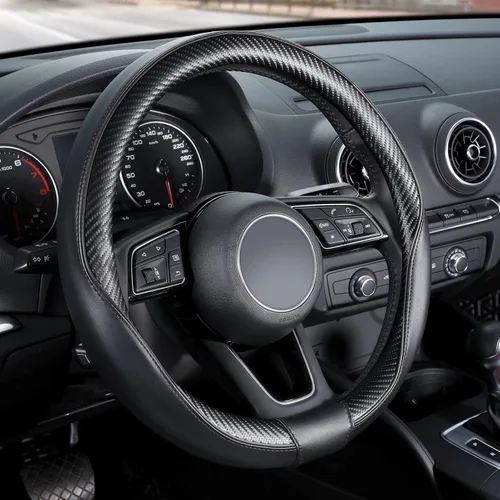 SEG Direct Funda universal para volante de automóvil, tamaño estándar, 14 1/2"-15", cuero con patrón de fibra de carbono, color negro 2. Fibra de