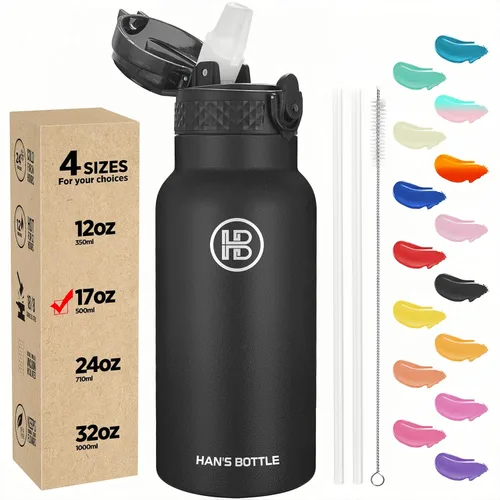 Miniatura 20 de Han's Bottle - Botella de agua para niños con tapa con pajilla - Vaso reutilizable de acero inoxidable aislado para niñas, niños, taza termo, 17