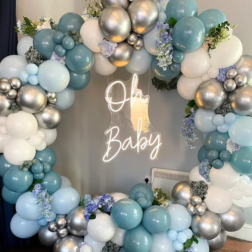 Miniatura 4 de Paquete de 60 globos azul polvoriento dorado, conjunto de globos de látex azul pizarra blanco arena verde azulado turquesa crema beige con confeti