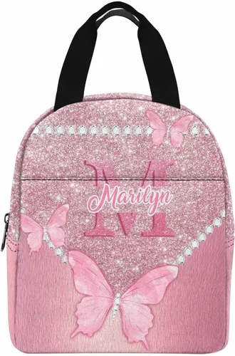 Miniatura 27 de InterestPrint Bolsa de almuerzo con nombre personalizado para hombres y mujeres, diseño de mariposa rosa y azul personalizada, caja de almuerzo