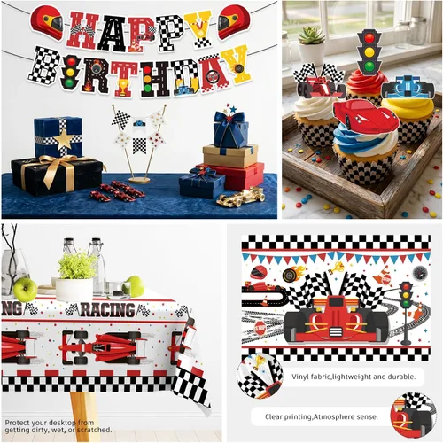 Miniatura 6 de Juego todo en uno de 195 piezas de decoración de fiesta de cumpleaños de coche de carreras, juego de platos y servilletas con pancarta, telón