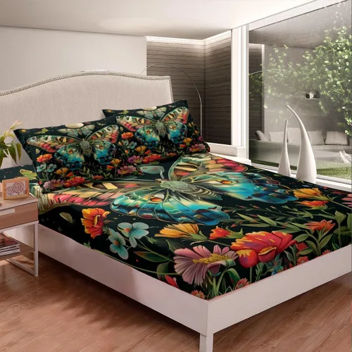 Miniatura 4 de Manfei Juego de sábanas bajeras de noche gótica, tamaño individual, 3 piezas, juego de sábanas rústicas de mariposa de polilla para decoración