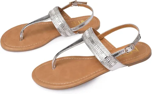 Miniatura 5 de NITTI Sandalias planas para mujer Correa en T con diamantes de imitación y hebilla de tobillo ajustable para mujer