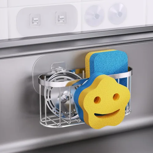 Miniatura 11 de HapiRm Organizador de esponja multifuncional con forma única en M, 2 métodos de instalación, organizador de fregadero de cocina, organizador