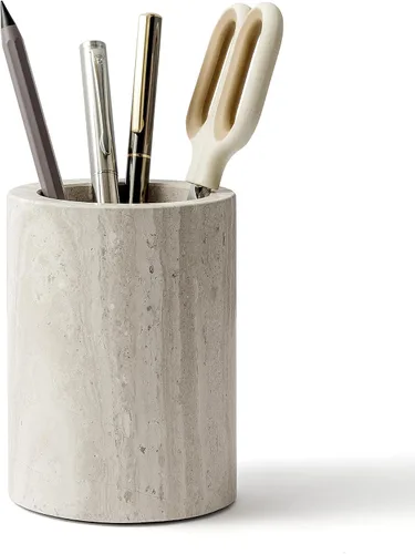 Miniatura 6 de Soporte para bolígrafos para escritorio, piedra de travertino natural, soporte para brochas de maquillaje, vaso moderno y funcional para lápices