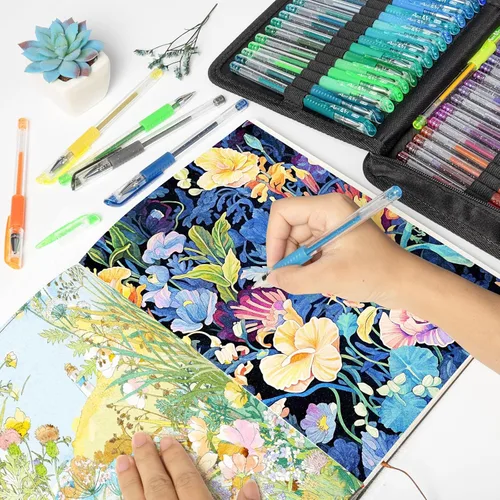 Miniatura 5 de Bolígrafos de gel con purpurina con estuche para libros de colorear para adultos, juego de 100 colores con purpurina con un 30% más de tinta de neón