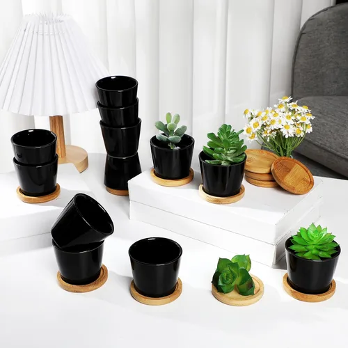 Miniatura 3 de Hsei Pack de 24 Macetas Mini de 2.5 Pulgadas para Suculentas, Macetas Pequeñas de Cerámica con Bandeja de Bambú para Jardín, Cactus, Hierbas