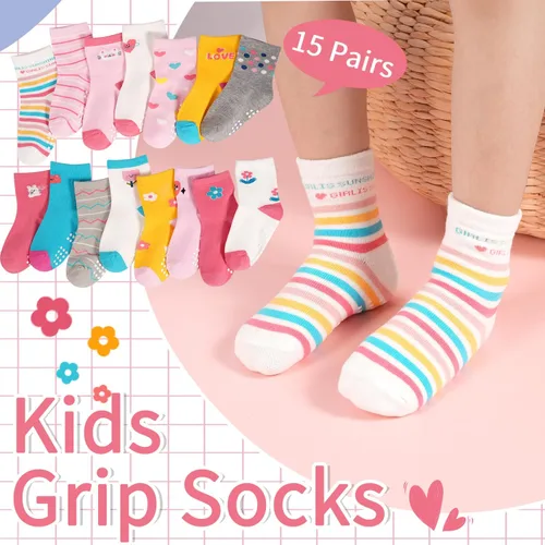 Miniatura 5 de Calcetines antideslizantes para niños pequeños, 15 pares, calcetines de agarre para niñas y niños de 0 a 7 años, calcetines suaves de dibujos
