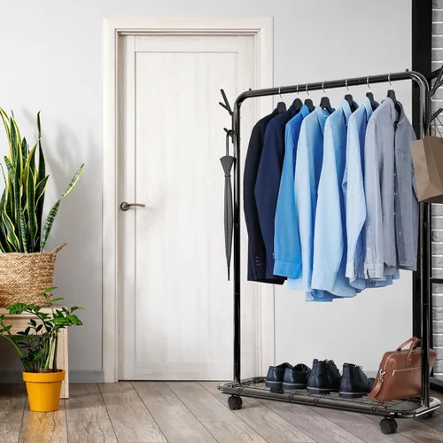 Miniatura 5 de Simple Houseware Industrial Style 50.4" W Estante de ropa con ruedas y ganchos, negro