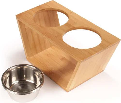 Miniatura 7 de BambooMN Comedero elevado para perros, soporte 100% bambú, 4 cuencos de metal para comida y agua, mediano