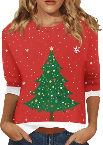Miniatura 44 de Camisetas de manga 3/4 para mujer, cuello redondo, holgadas, casuales, con estampado floral, camisetas de moda para el trabajo de negocios