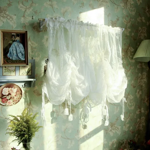 Miniatura 7 de FADFAY Cortina de globo ajustable con lazo de encaje blanco semitransparente, cortina de ventana estilo europeo bordado para sala de estar