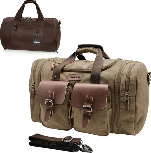 Miniatura 14 de Wildroad Bolsa de viaje de lona de 50L, bolsa de lona expandible de cuero genuino, bolsa de fin de semana mejorada para una noche, bolsa de mano