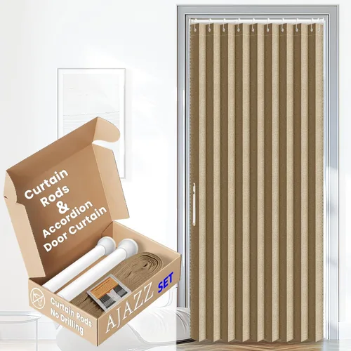 Miniatura 15 de AJAZZ Conjunto: Barras para cortinas sin perforación (28-39" de ancho) y cortina acordeón para puerta, beige 43" de ancho × 78" de largo, puertas