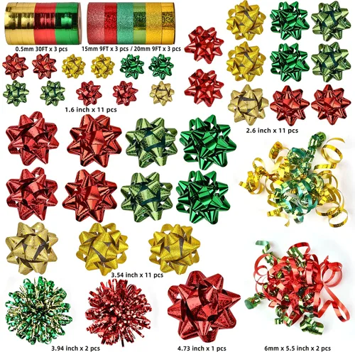 Miniatura 2 de JOYIN 40 lazos de regalo de Navidad surtidos con 34 lazos de regalo autoadhesivos multicolor de tamaños surtidos, 2 lazos rizados, 2 lazos de oropel