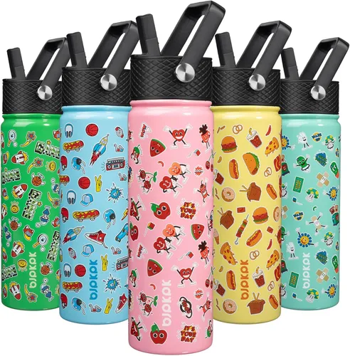 Miniatura 19 de BJPKPK Botella de agua aislada con tapa con pajilla, bonitas botellas de agua de 15 onzas, termo de metal de acero inoxidable, vasos reutilizables