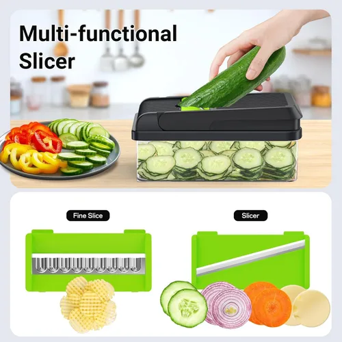 Miniatura 6 de SpaceHacks Picador de verduras 12 en 1, utensilios de cocina con 7 cuchillas, para verduras, alimentos, picador de cebolla, cortador de pepino, Verde