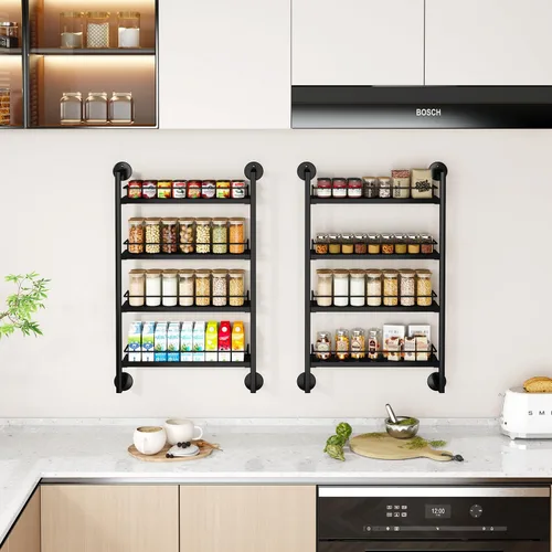 Miniatura 3 de IBUYKE Soporte de pared para especias, organizador de condimentos colgante de 4 niveles, estante de especias para pared para hasta 50 tarros