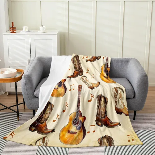Castle Fairy Manta de forro polar con botas de vaquero, manta de guitarra musical bohemia para niños y niños, manta de vaquera rústica occidental