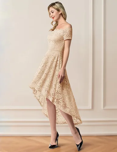 Miniatura 2 de Dressystar - Vestido de cóctel de encaje para mujer, vestido asimétrico con vuelo y hombros descubiertos para fiesta y evento formal