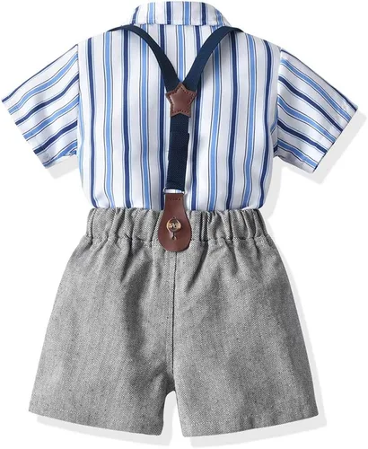 Miniatura 3 de JMOORY Conjunto de ropa para bebé y niño, manga corta, con lazo y tirantes cortos para caballero